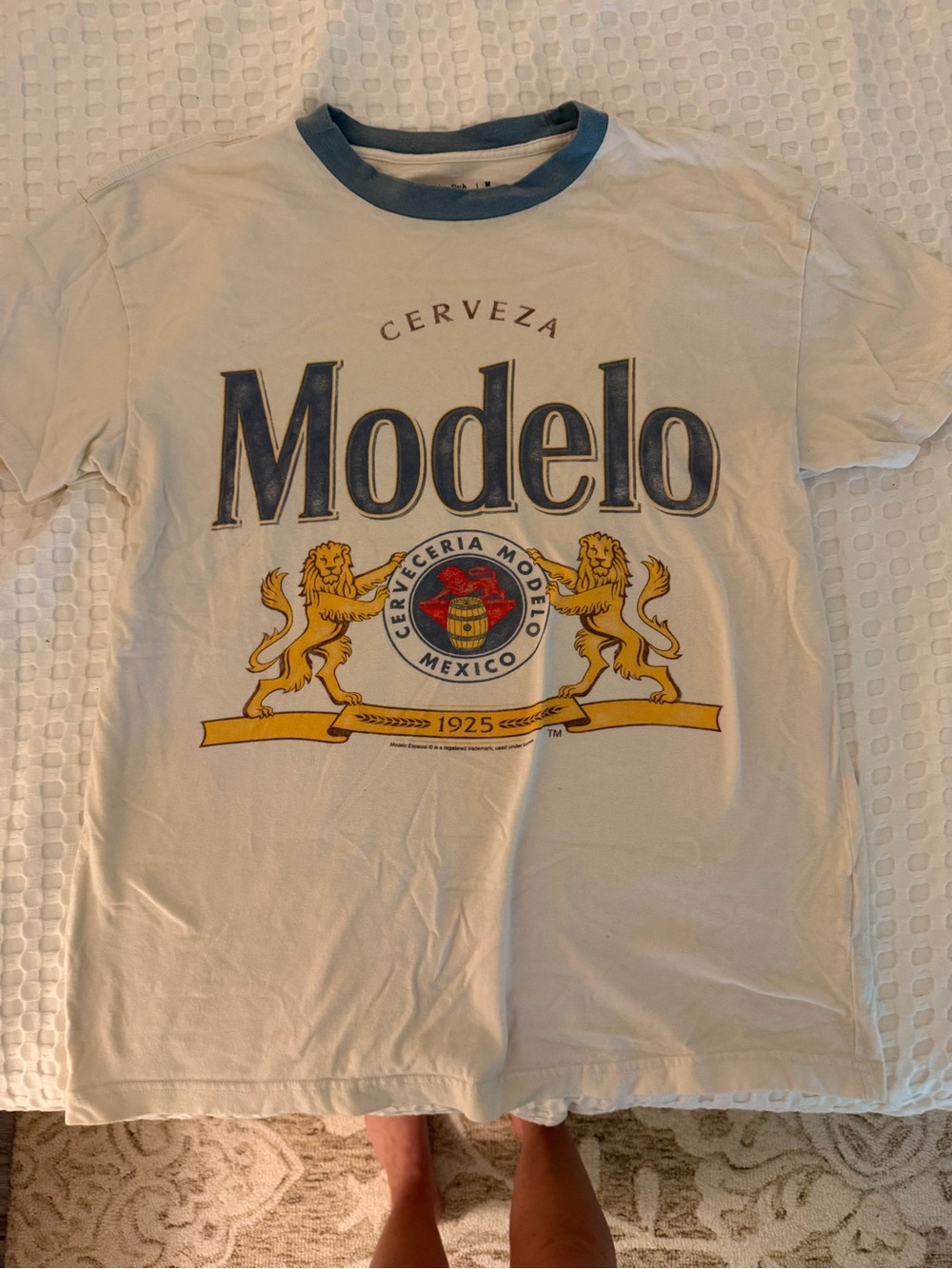 Abercrombie & Fitch White Modelo Graphic Ringer Tee with Blue Trim
